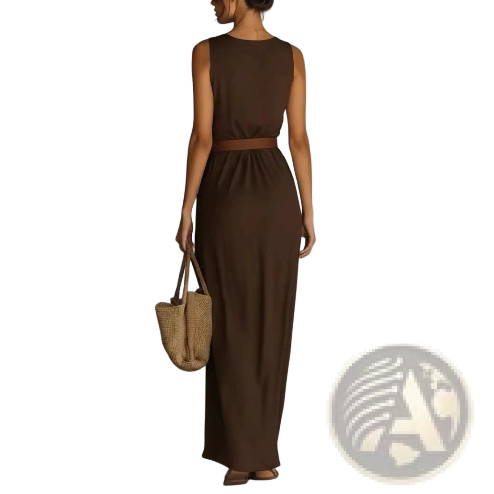 A sleeveless floor-length brown satin maxi dress with a fitted waistband and flowing fabric for resort wear