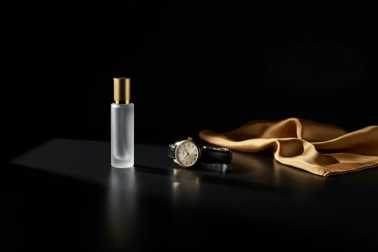 A sleek frosted glass perfume bottle with a polished gold cap.