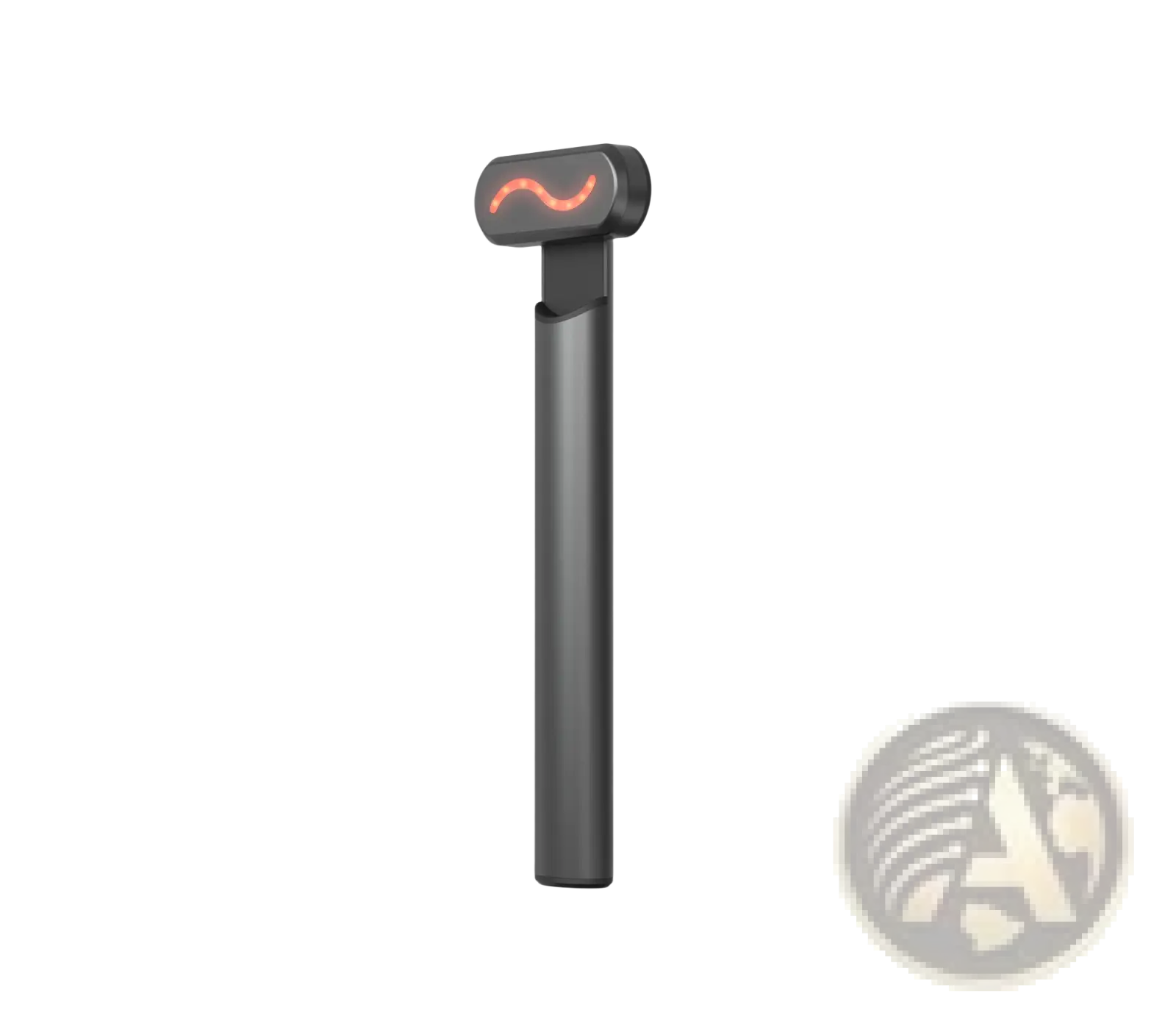 Black sleek metallic cylindrical electric eye beauty and skincare wand with glowing orange wave-shaped led light on top cap