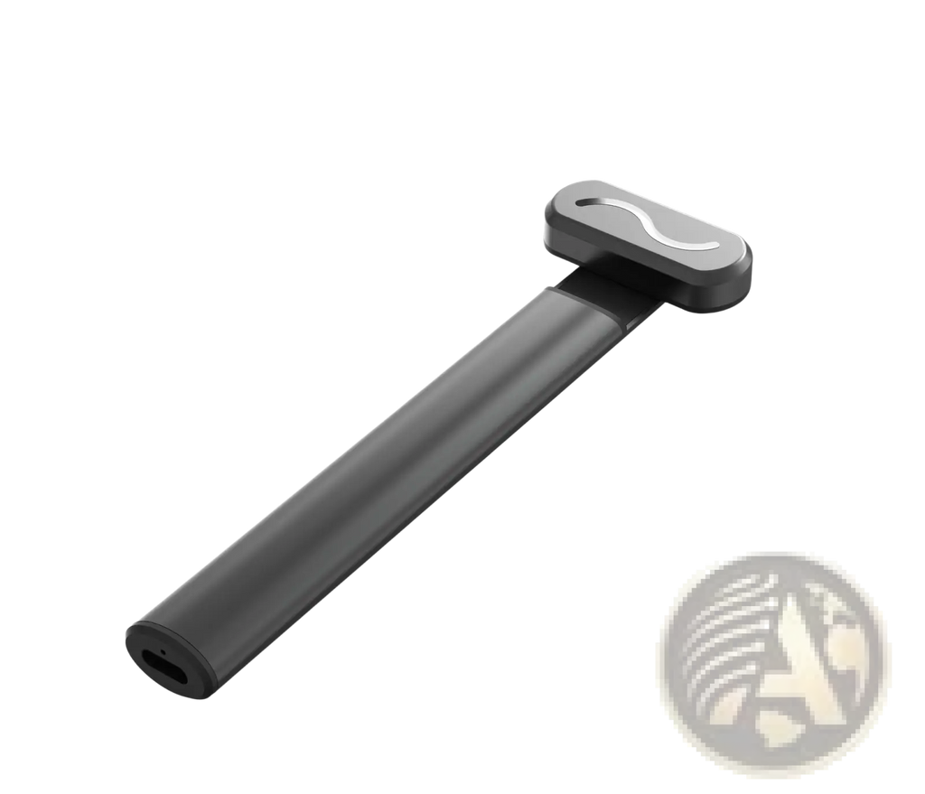Black matte-finish sleek metallic electric eye beauty and skincare wand with elongated design and curved silver logo on top cap