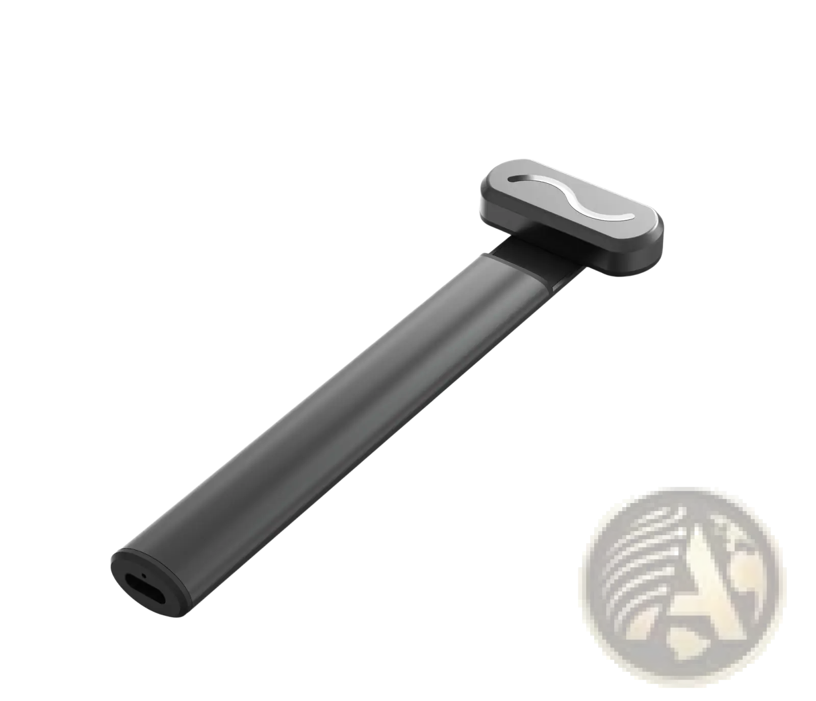 Black matte-finish sleek metallic electric eye beauty and skincare wand with elongated design and curved silver logo on top cap