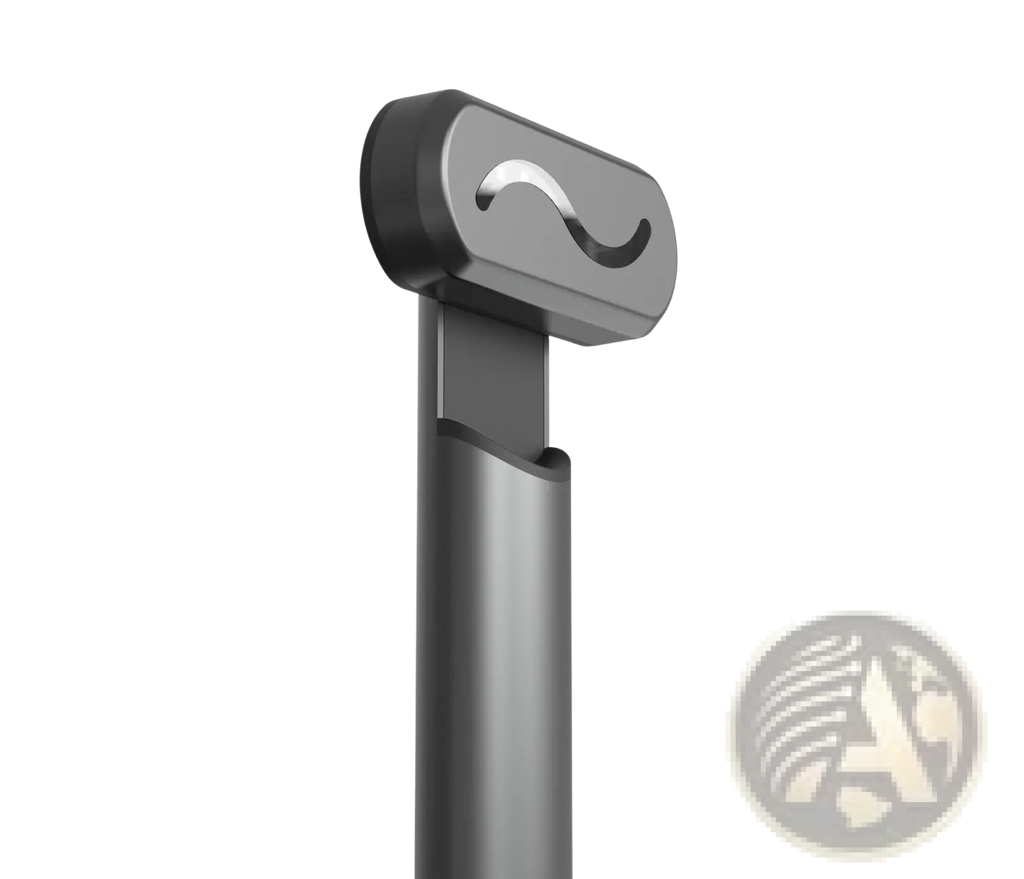 Black matte-finished tripod head with sleek curved logo cutout for the sleek metallic electric eye beauty and skincare wand
