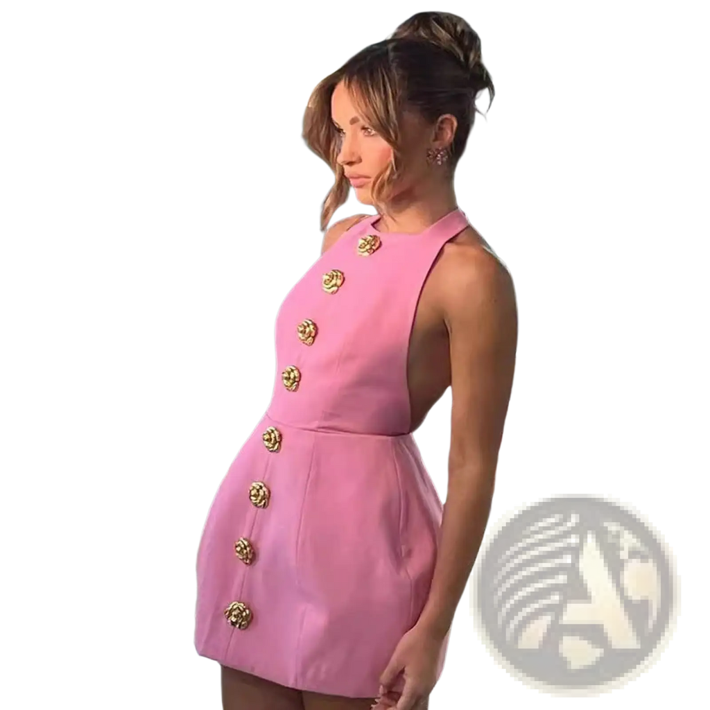 A pink sleeveless backless mini dress featuring gold floral buttons down the front