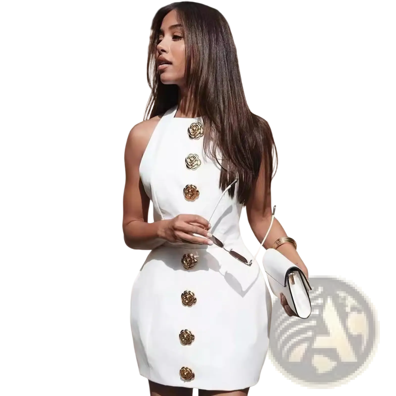 White sleeveless backless mini dress featuring gold rose-shaped buttons down the front for elegant occasions
