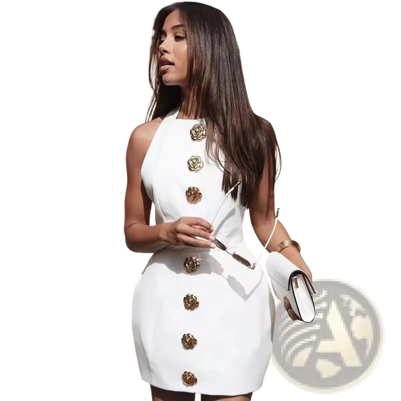 White sleeveless backless mini dress with gold rose-button front closure in halter-neck style
