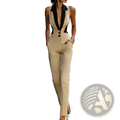 Beige sleeveless blazer jumpsuit with black satin lapels and front buttons in a formal design