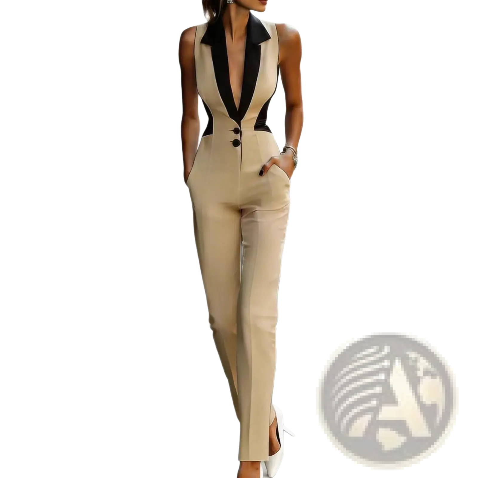 Beige sleeveless blazer jumpsuit with black satin lapels and front buttons in a formal design