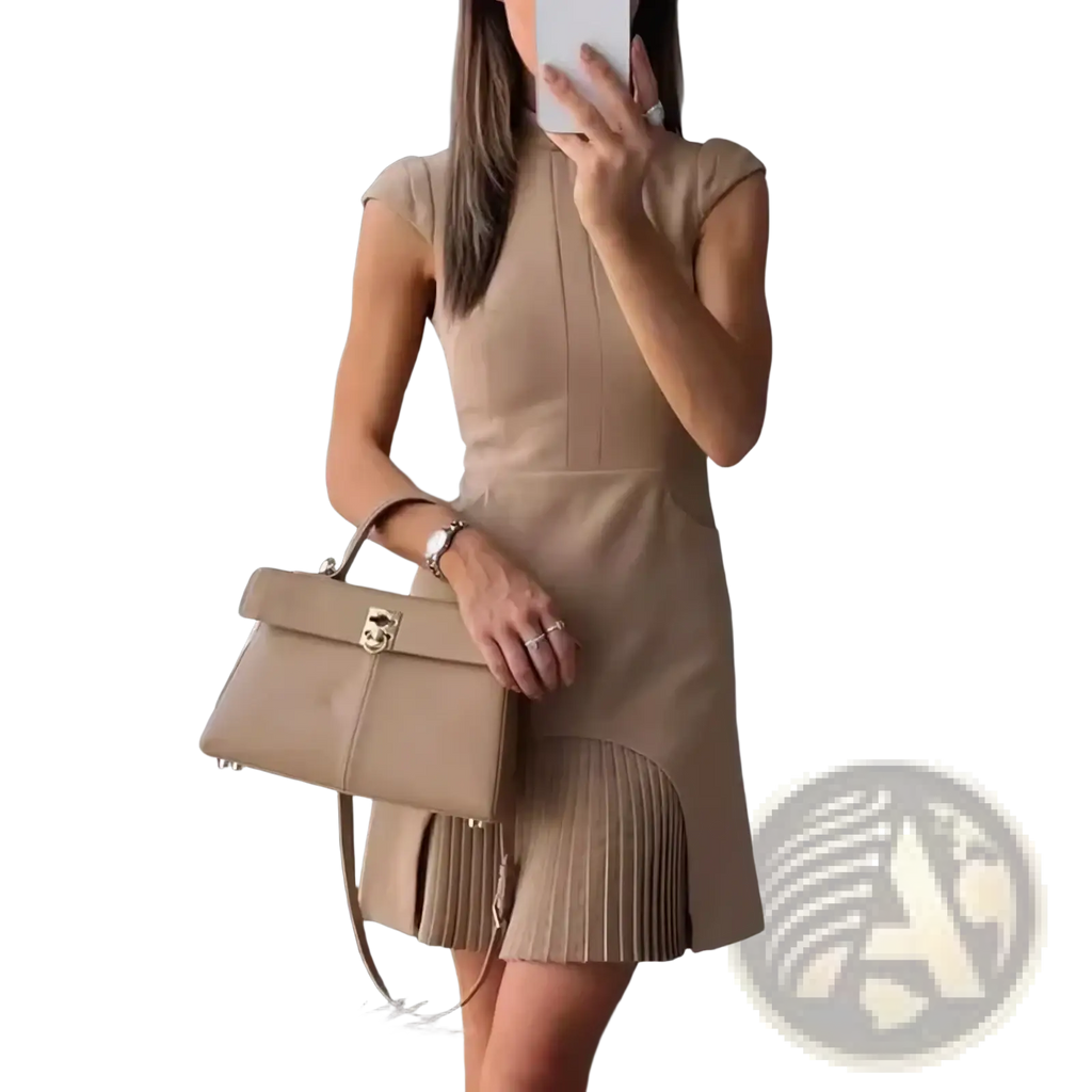 Beige leather handbag with gold-tone hardware and structured flap design paired with sleeveless business a-line work dress