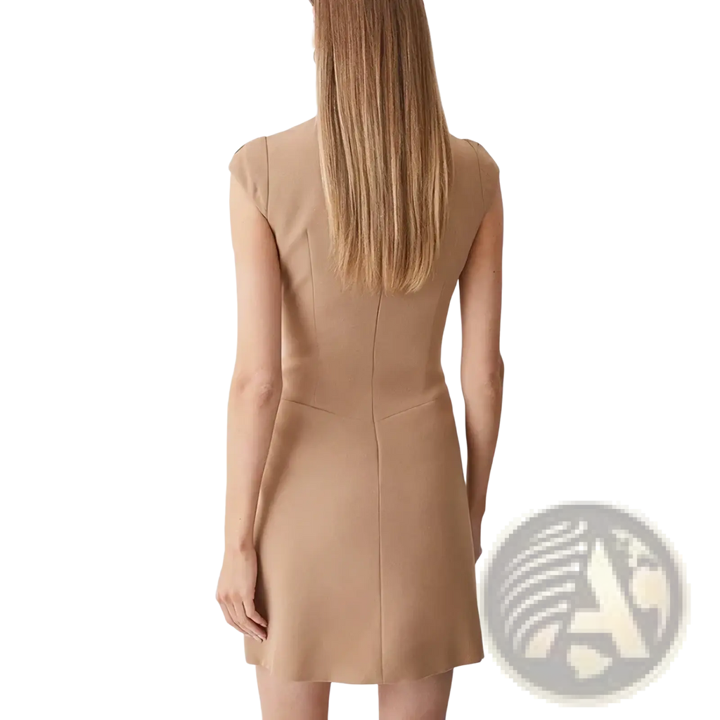 A sleek sleeveless camel business a-line work dress with tailored fit and subtle front seam detailing