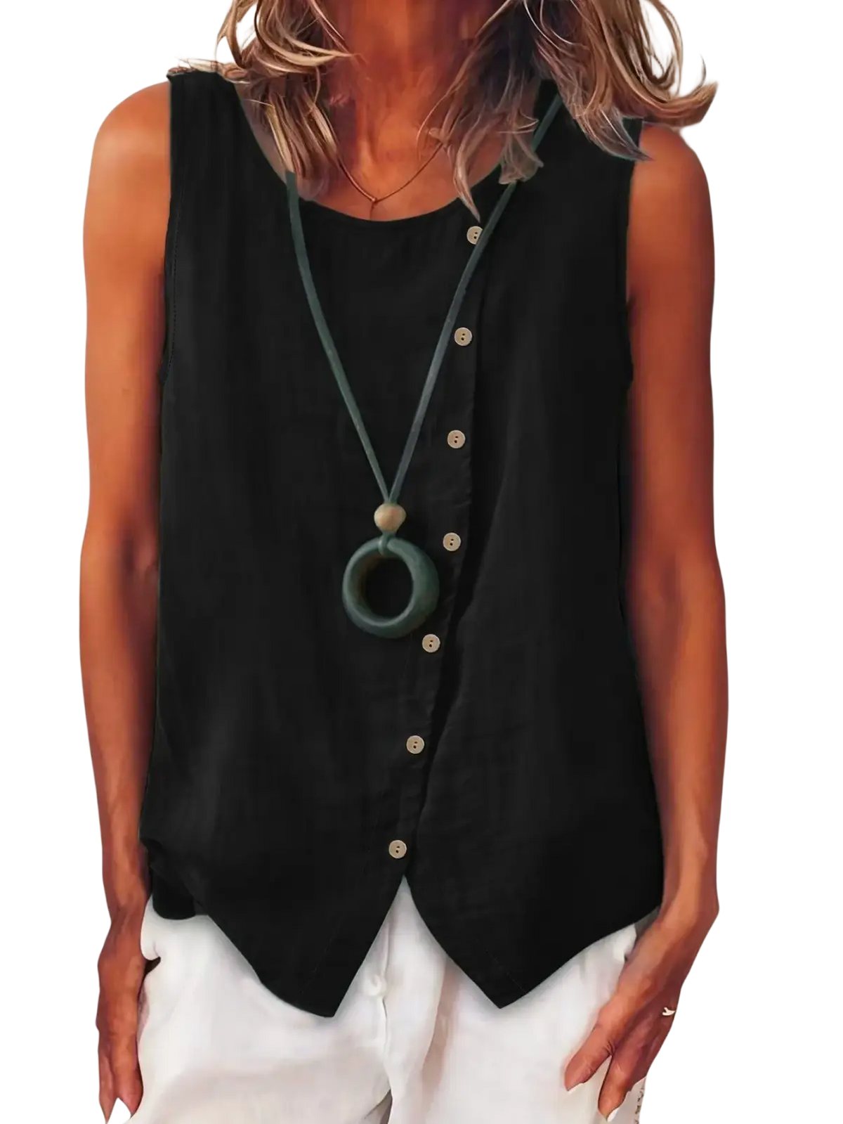 Black sleeveless button down boho tank top with button details made of lightweight fabric for casual wear