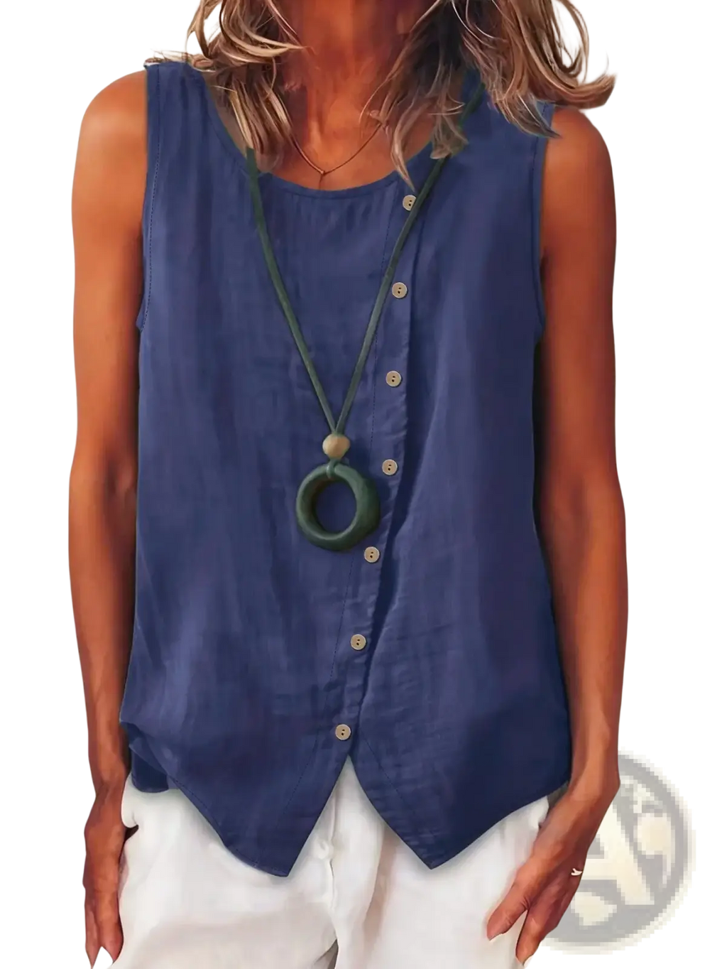 Blue sleeveless button down boho tank top with button front detail and relaxed slightly asymmetrical hem