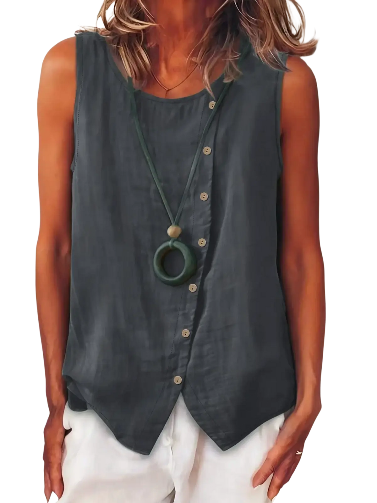 Dark gray sleeveless button down boho tank top with relaxed fit and slightly asymmetrical hem