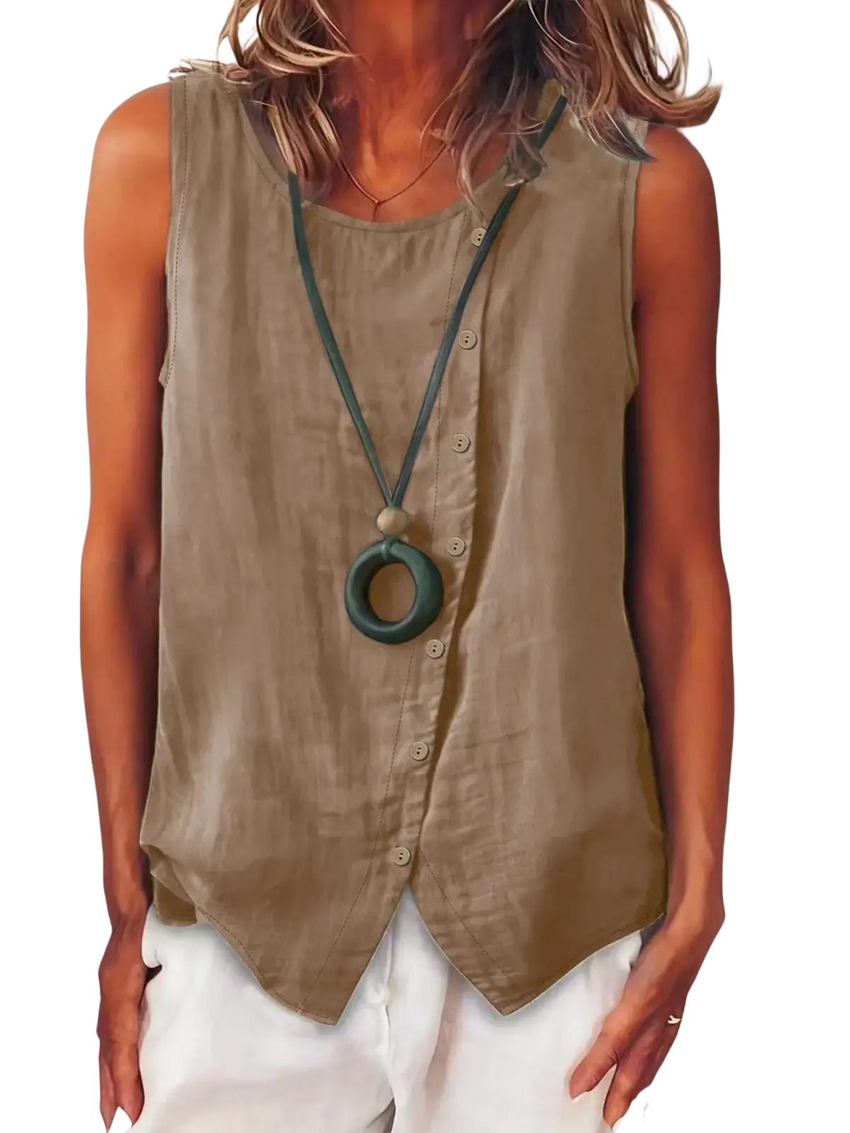Dark green circular pendant necklace with matte finish and subtle texture on a sleeveless button down boho tank top