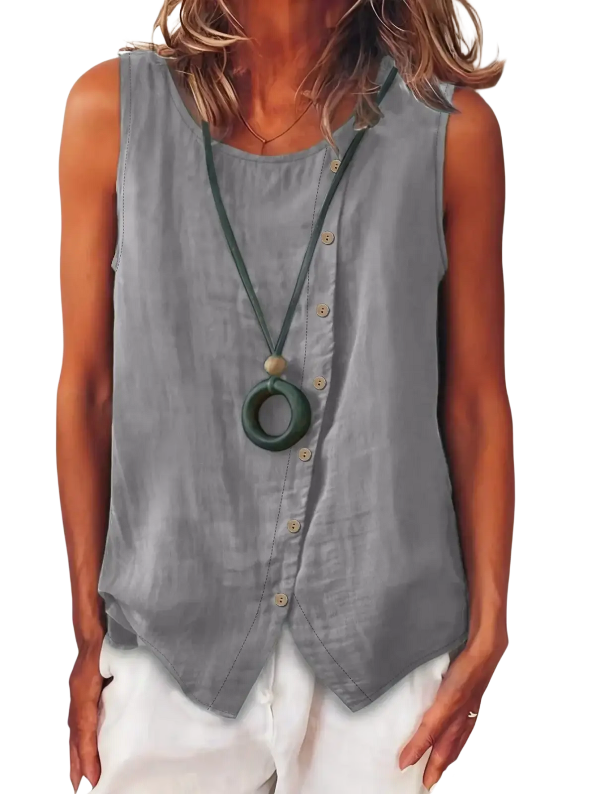 Gray sleeveless button down boho tank top featuring a relaxed fit and front button design for casual wear