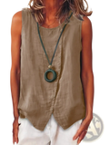 Dark green circular pendant necklace with matte finish and subtle texture on a sleeveless button down boho tank top