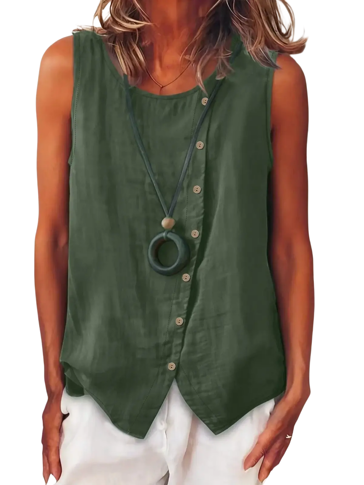 Sleeveless button down boho tank top in olive green linen with a relaxed fit and asymmetrical hem