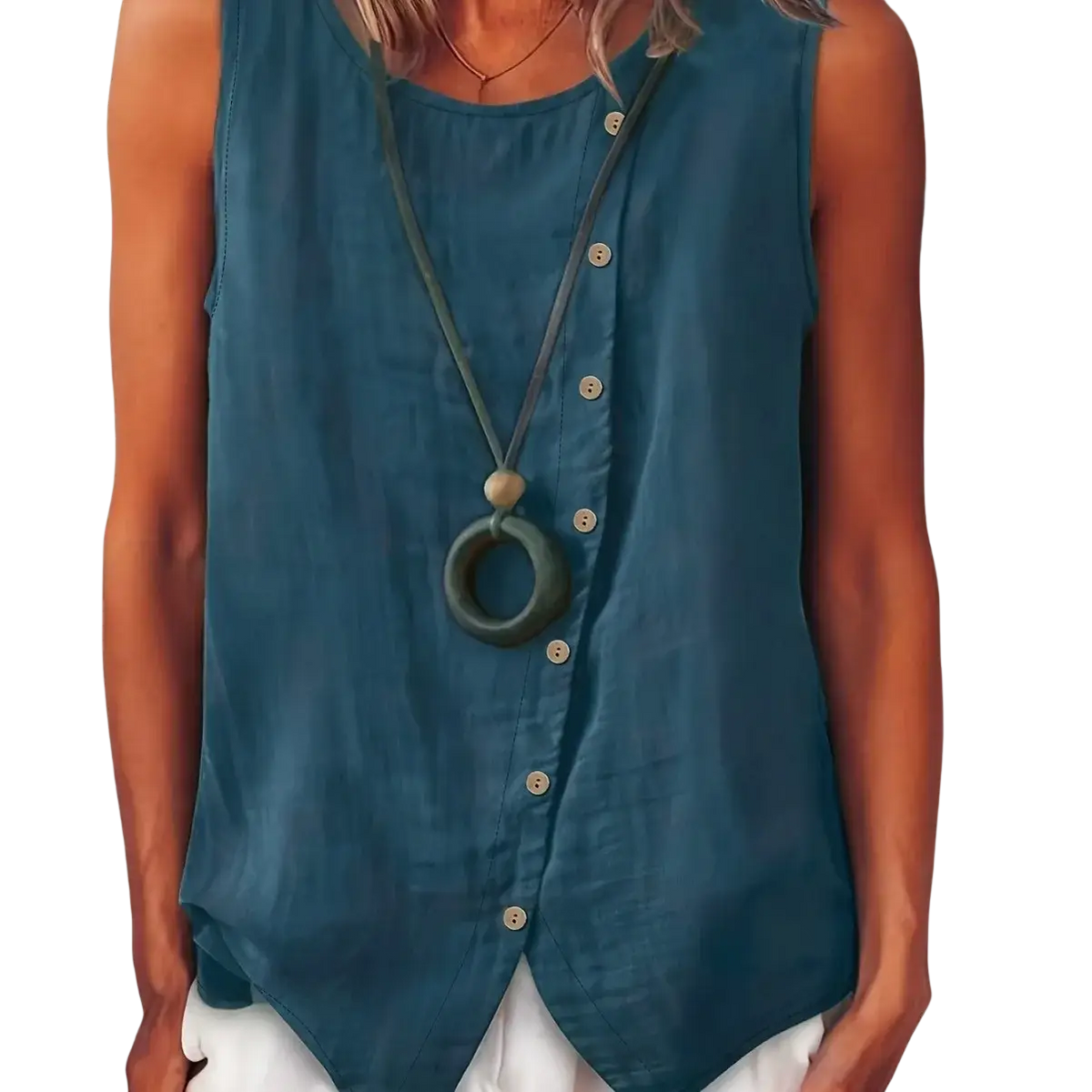 A teal sleeveless button down boho tank top with a relaxed fit and lightweight fabric for casual wear