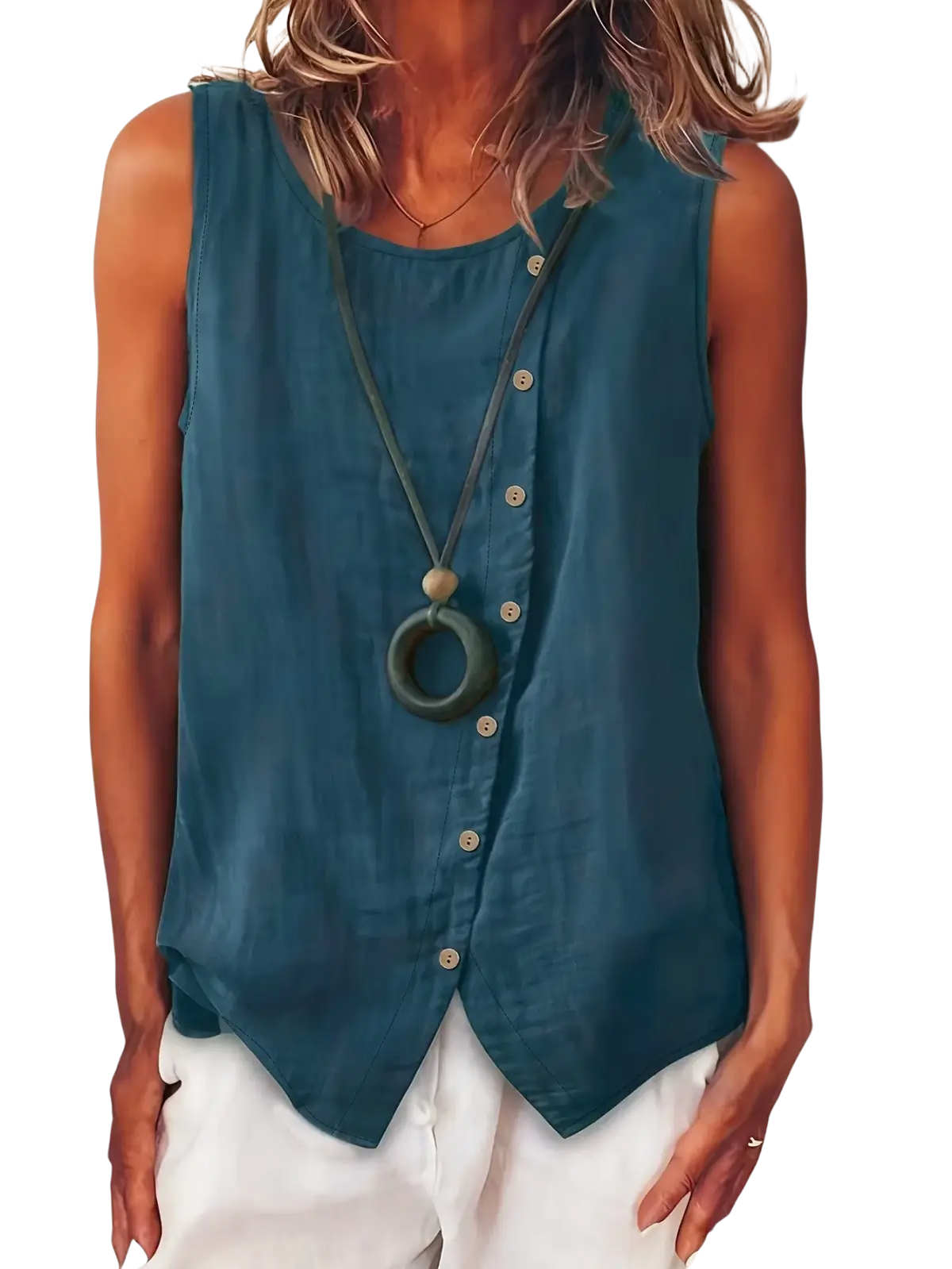Teal sleeveless button down boho tank top with relaxed fit and subtle vertical seam detail in lightweight fabric
