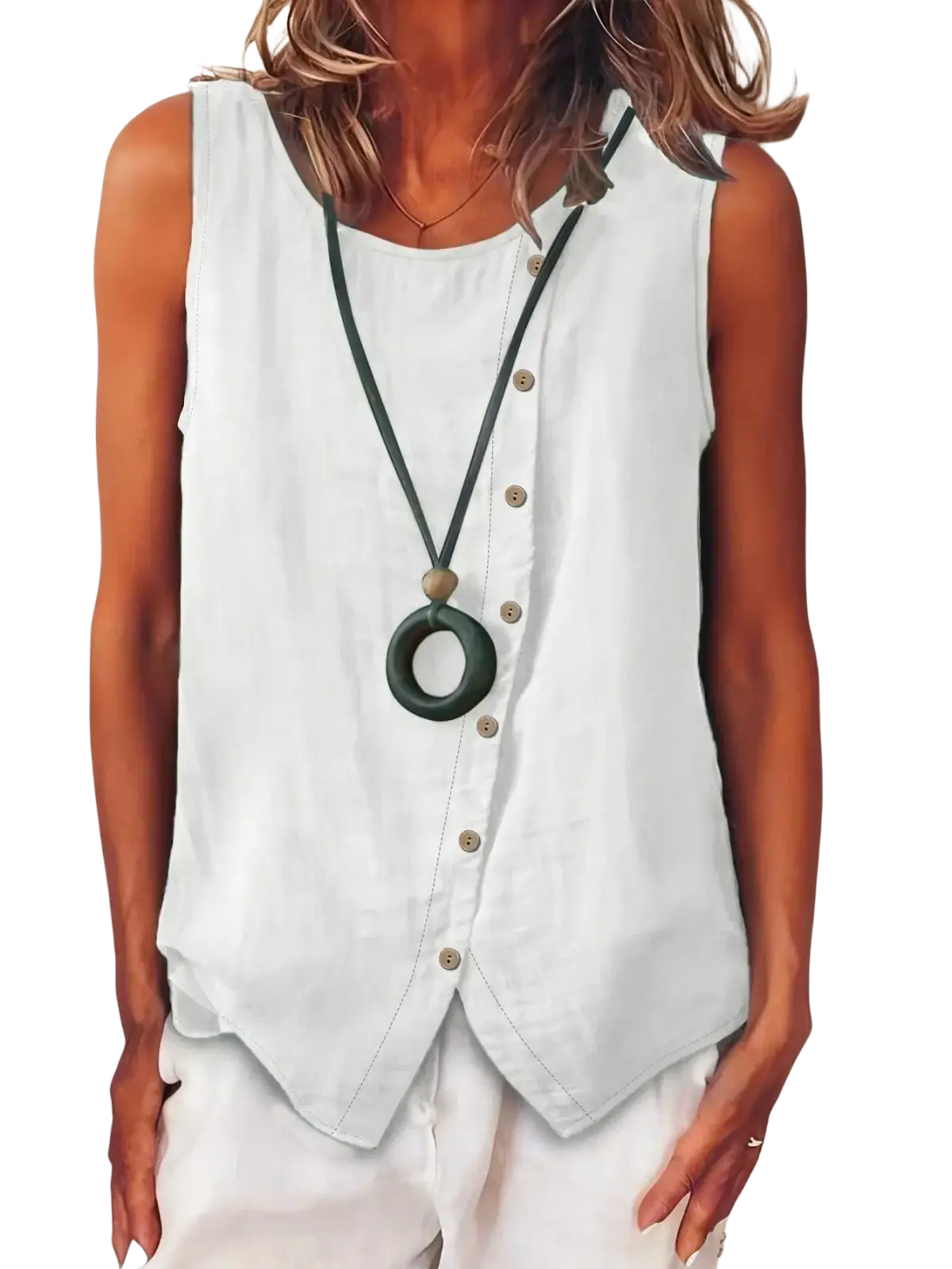 White sleeveless button down boho tank top with a relaxed fit and subtle vertical seam detailing