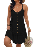 Black sleeveless summer dress with gold buttons down the front and a ruffled hem for elegant wear