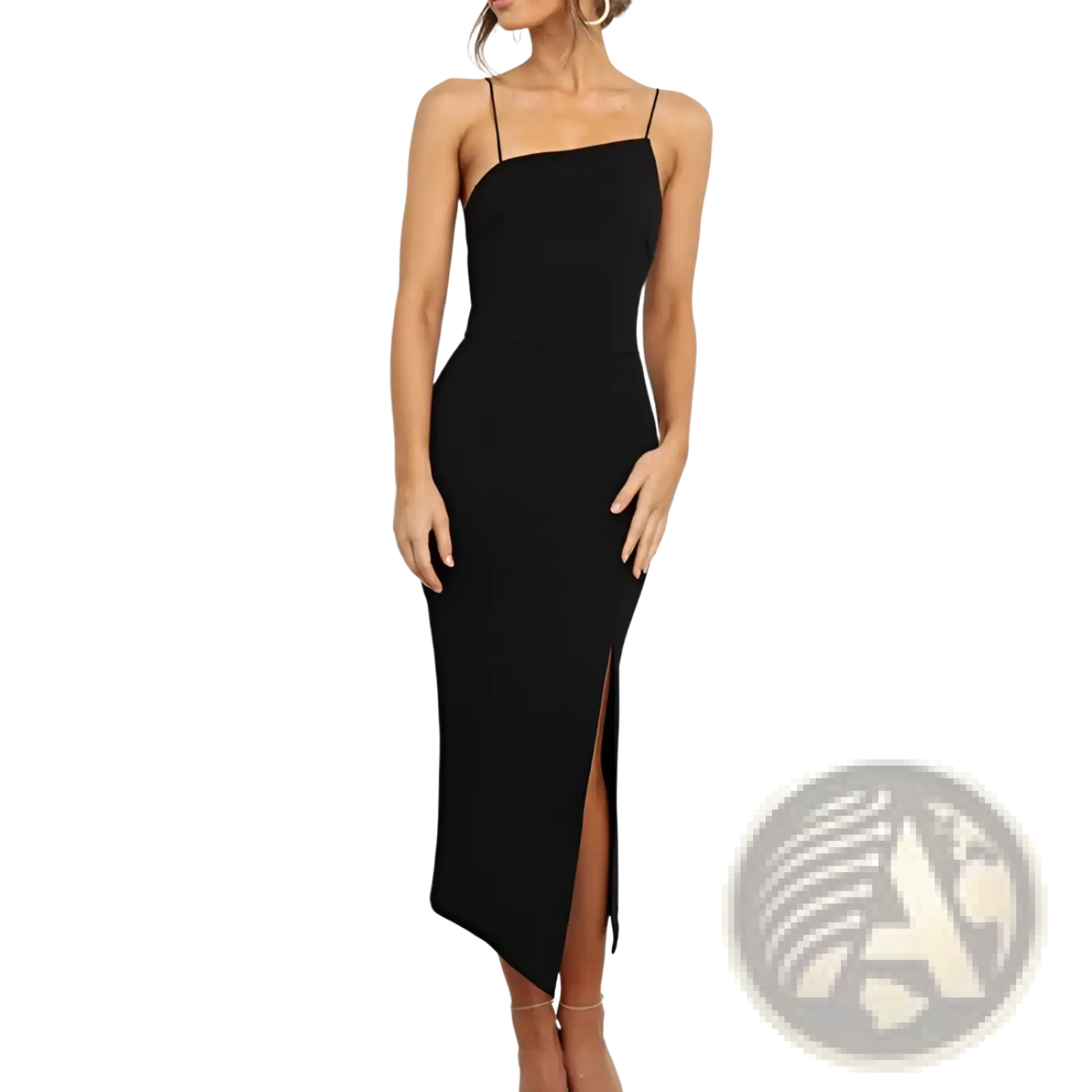 Black sleeveless bodycon midi dress with spaghetti straps and a high slit for elegant evening wear