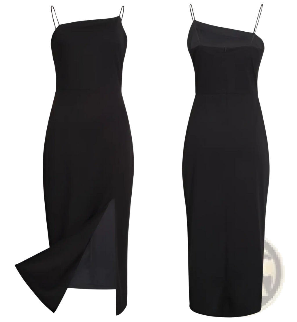 Black sleeveless high slit bodycon midi dress with spaghetti straps and a sleek form-fitting silhouette