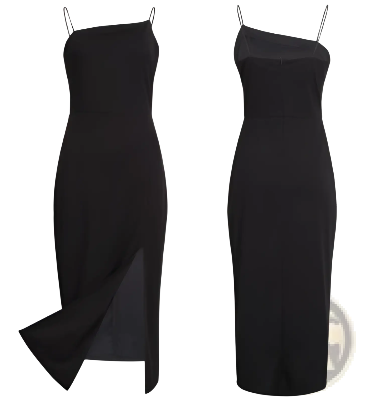 Black sleeveless high slit bodycon midi dress with spaghetti straps and a sleek form-fitting silhouette