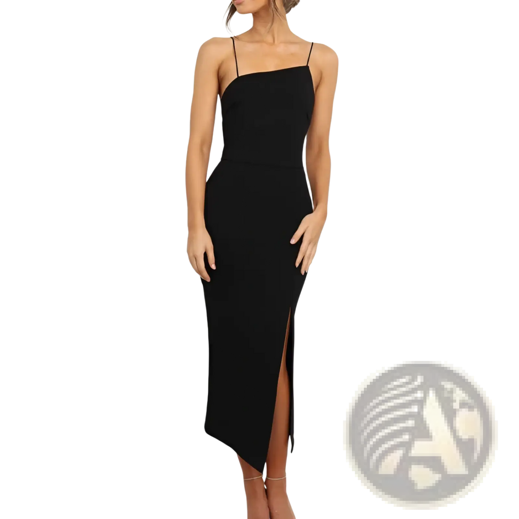 Black sleeveless bodycon midi dress with spaghetti straps and a high slit featuring a fitted silhouette