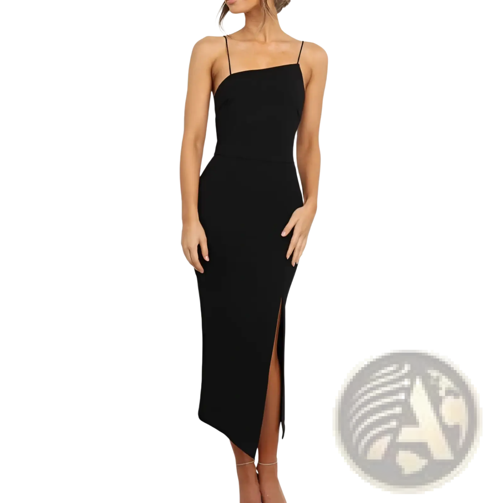 Black sleeveless bodycon midi dress with spaghetti straps and a high slit featuring a fitted silhouette