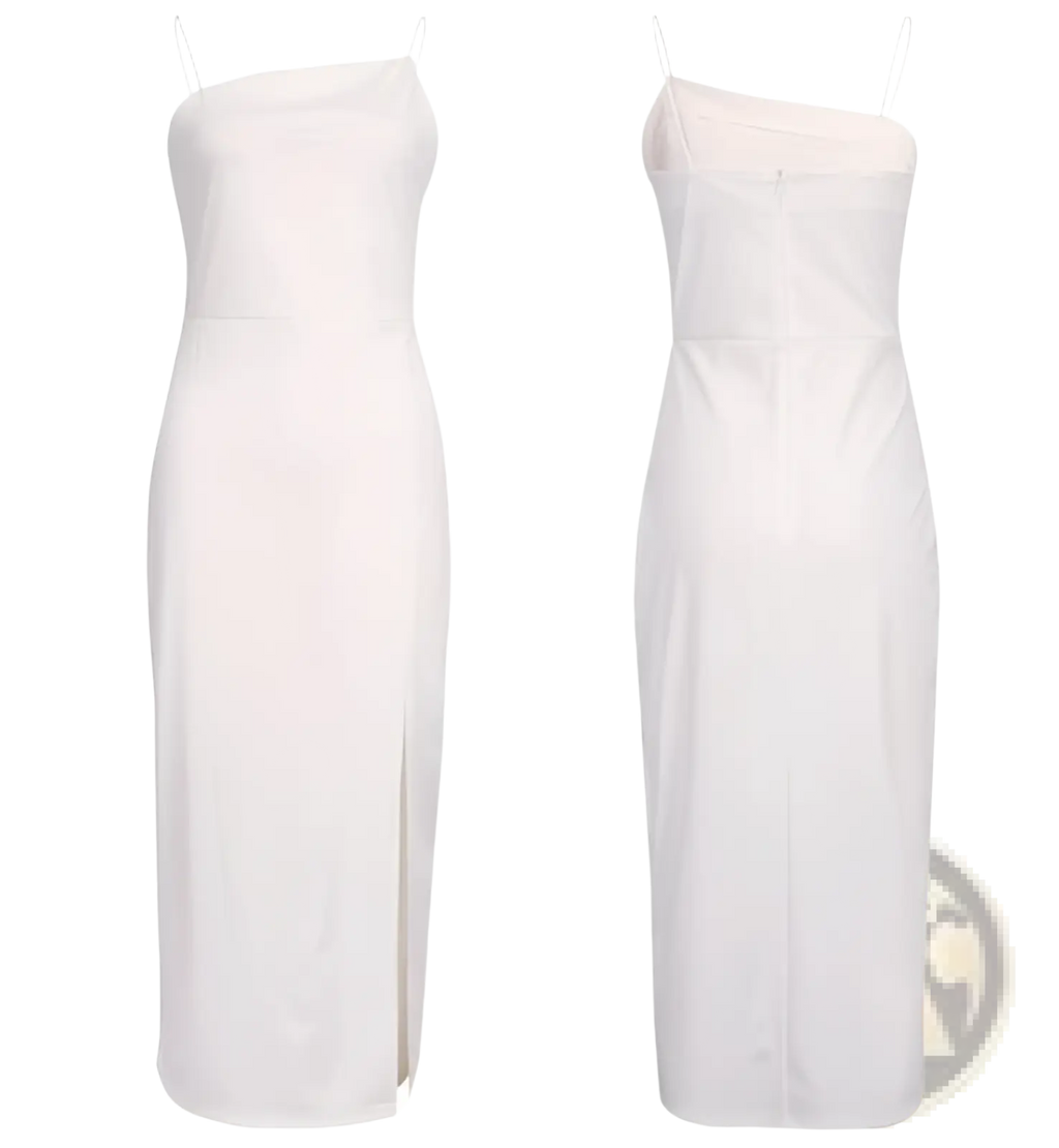 Two white sleeveless high slit bodycon midi dresses in spaghetti strap style with square and asymmetrical necklines