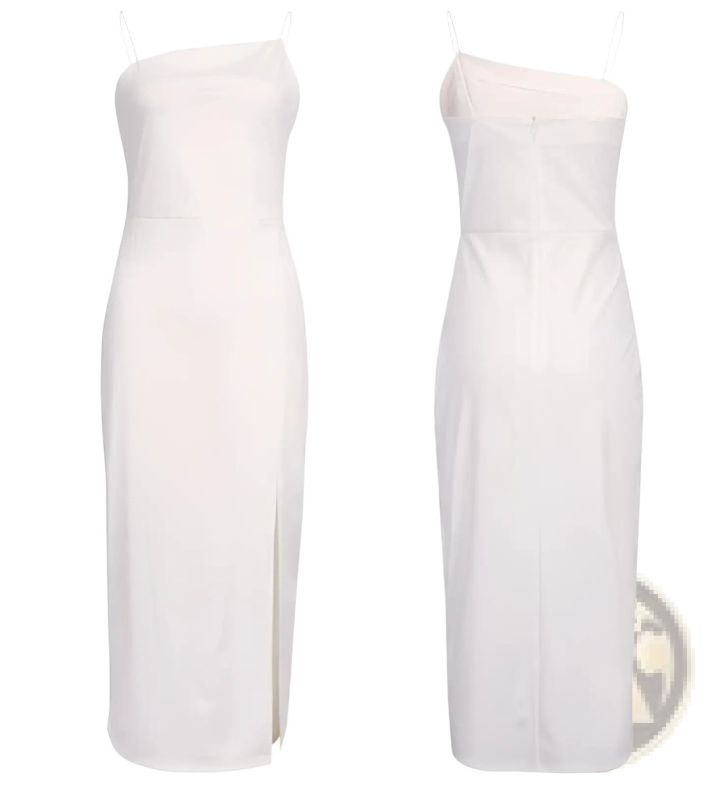 Two white sleeveless high slit bodycon midi dresses in spaghetti strap style with square and asymmetrical necklines