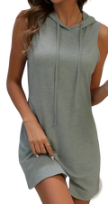 Sleeveless heather gray hoodie maxi dress with drawstring hood and front pocket in comfortable fabric