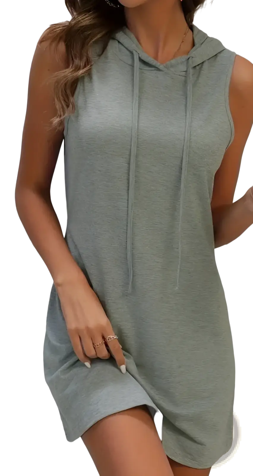Sleeveless heather gray hoodie maxi dress with drawstring hood and front pocket in comfortable fabric