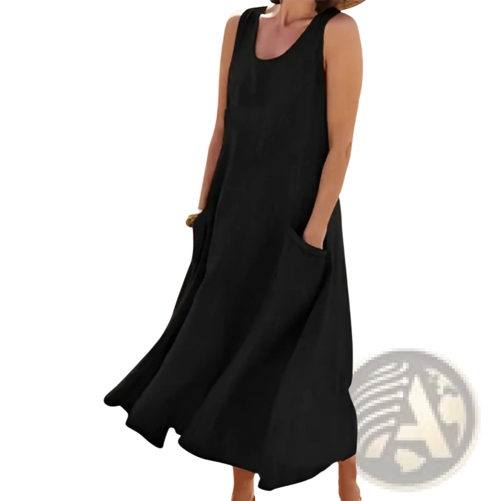 Black sleeveless linen a-line maxi dress with relaxed fit and side pockets for comfortable everyday wear