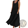 Black sleeveless linen a-line maxi dress with relaxed fit and side pockets for comfortable everyday wear