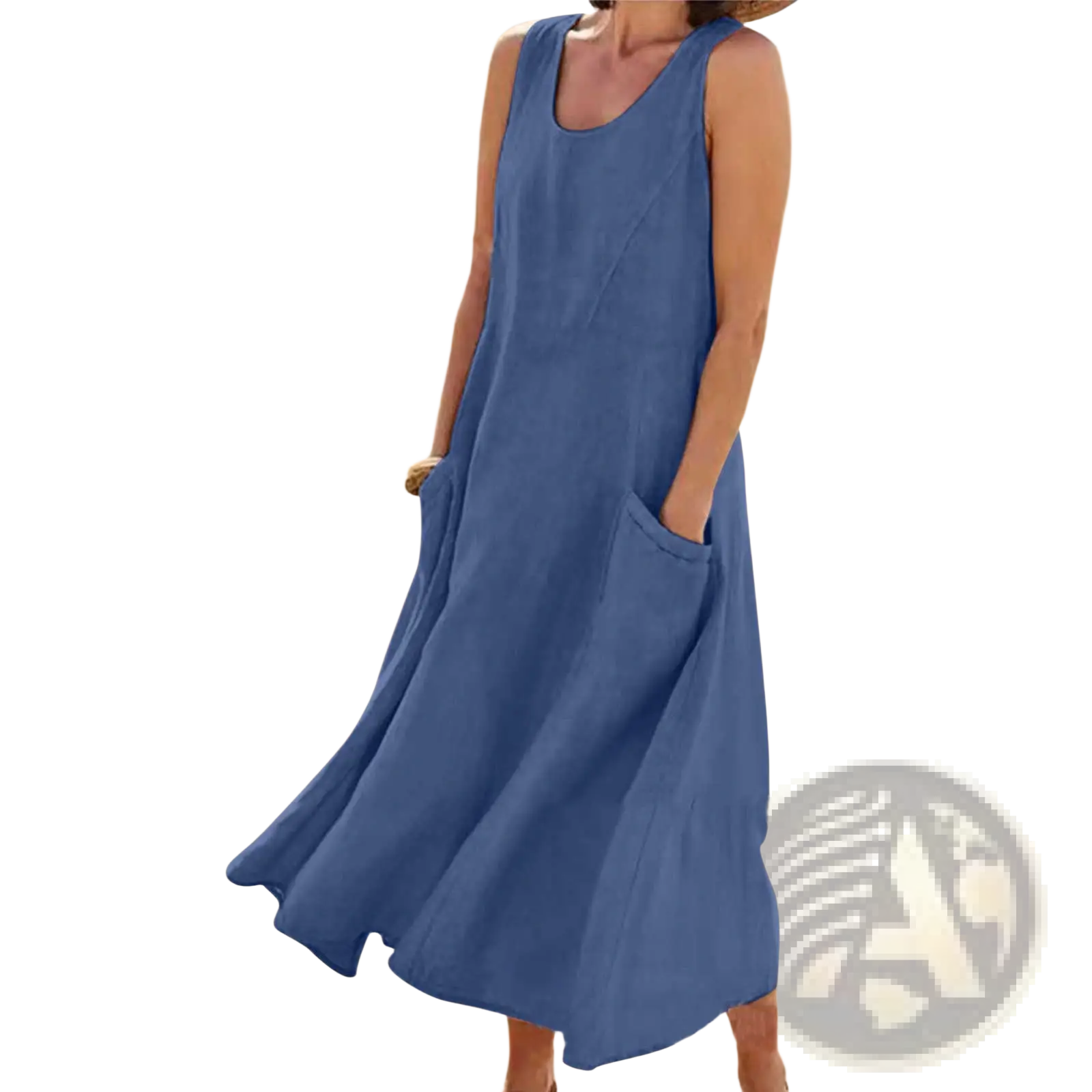 A flowing blue sleeveless linen a-line maxi dress with relaxed fit and front pockets