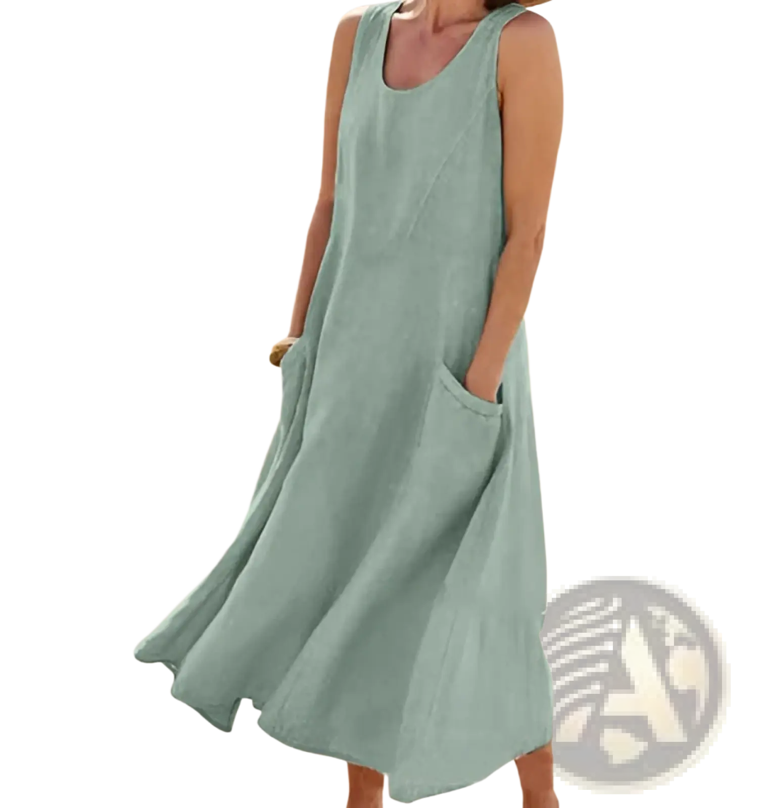 A flowing light blue sleeveless linen a-line maxi dress with a relaxed fit and large front pockets
