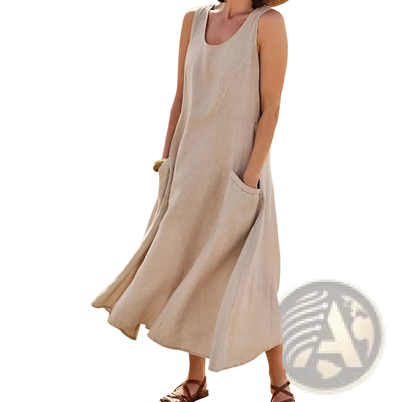Sleeveless linen a-line maxi dress in beige with a flowing relaxed fit and large front pockets