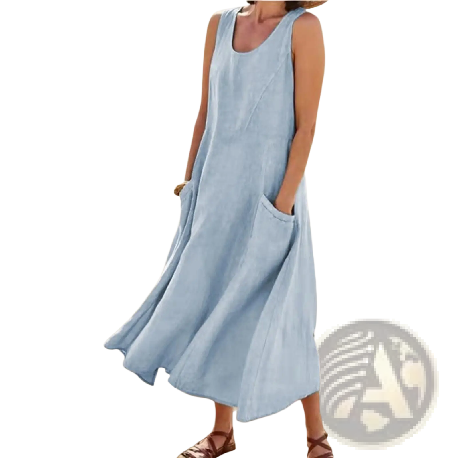 Light blue sleeveless linen a-line maxi dress with relaxed fit and front pockets perfect for casual wear