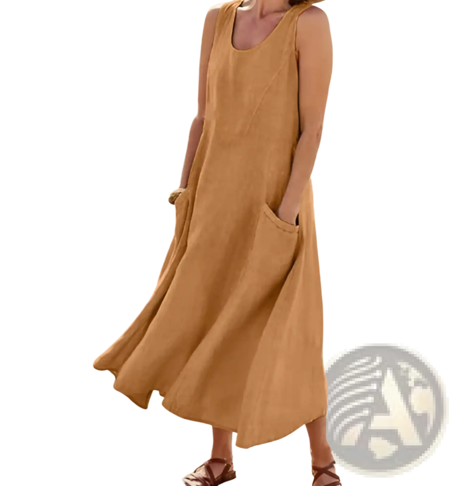 A flowing sleeveless mustard yellow linen a line maxi dress with relaxed fit and front pockets