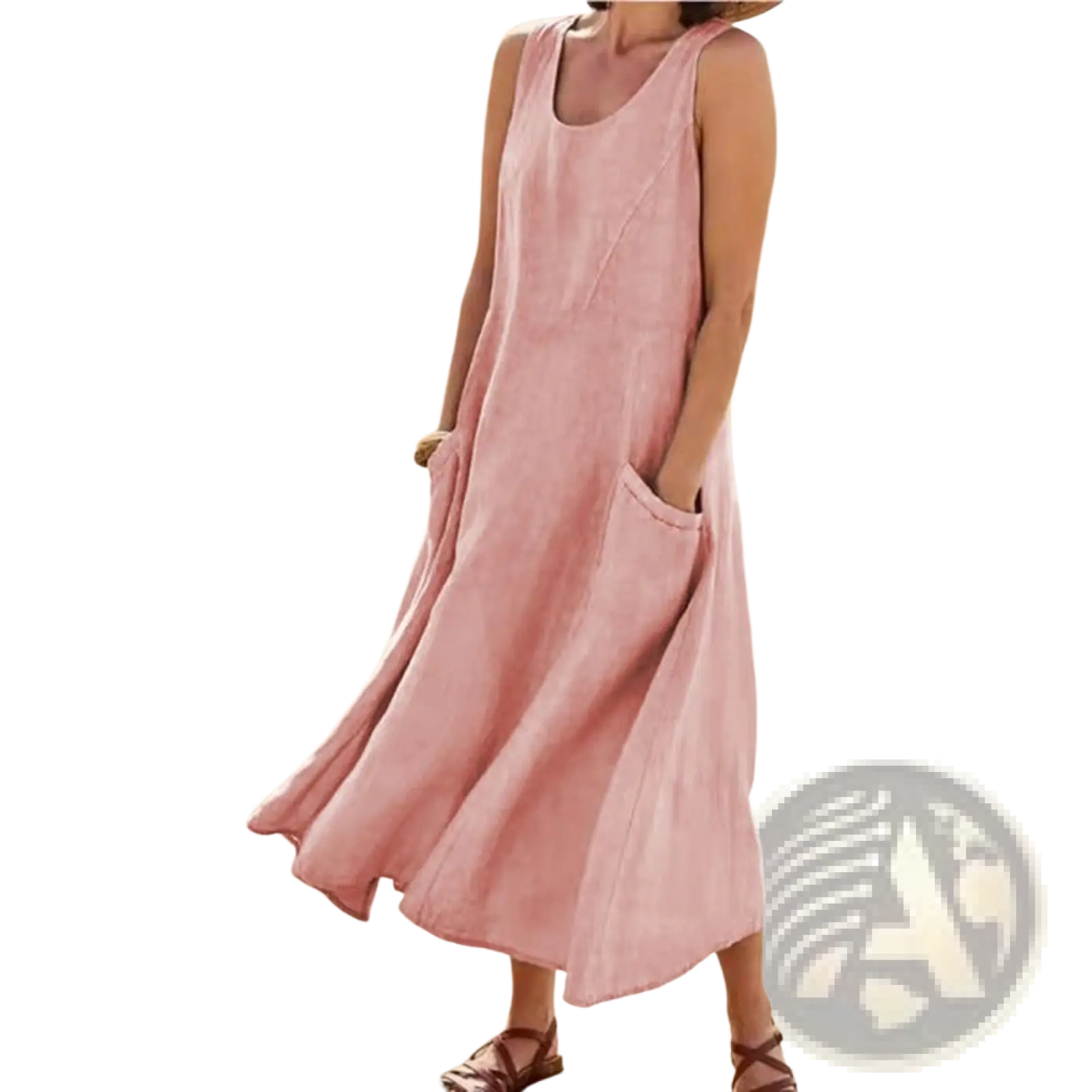 Sleeveless linen a-line maxi dress in pink with a relaxed fit and large side pockets for comfortable wear