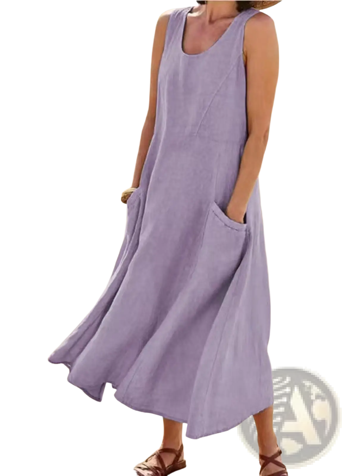A flowing lavender linen sleeveless a line maxi dress with relaxed fit and front pockets