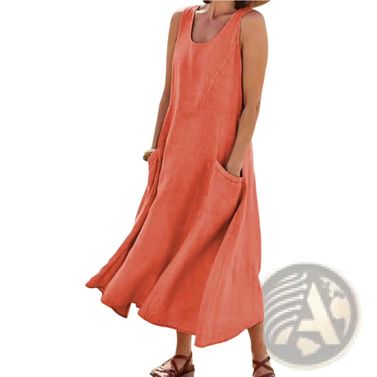 A flowing coral-colored sleeveless linen a-line maxi dress with relaxed fit and large side pockets