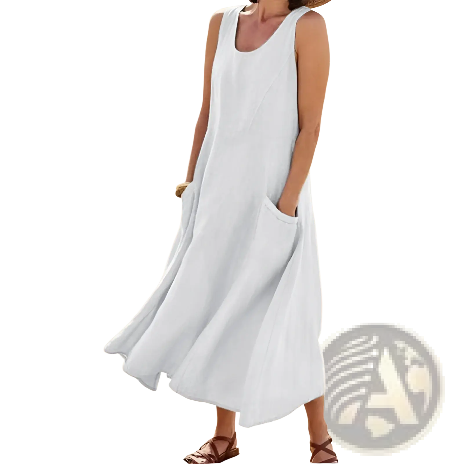 A flowing white sleeveless linen a-line maxi dress with a relaxed fit and front pockets
