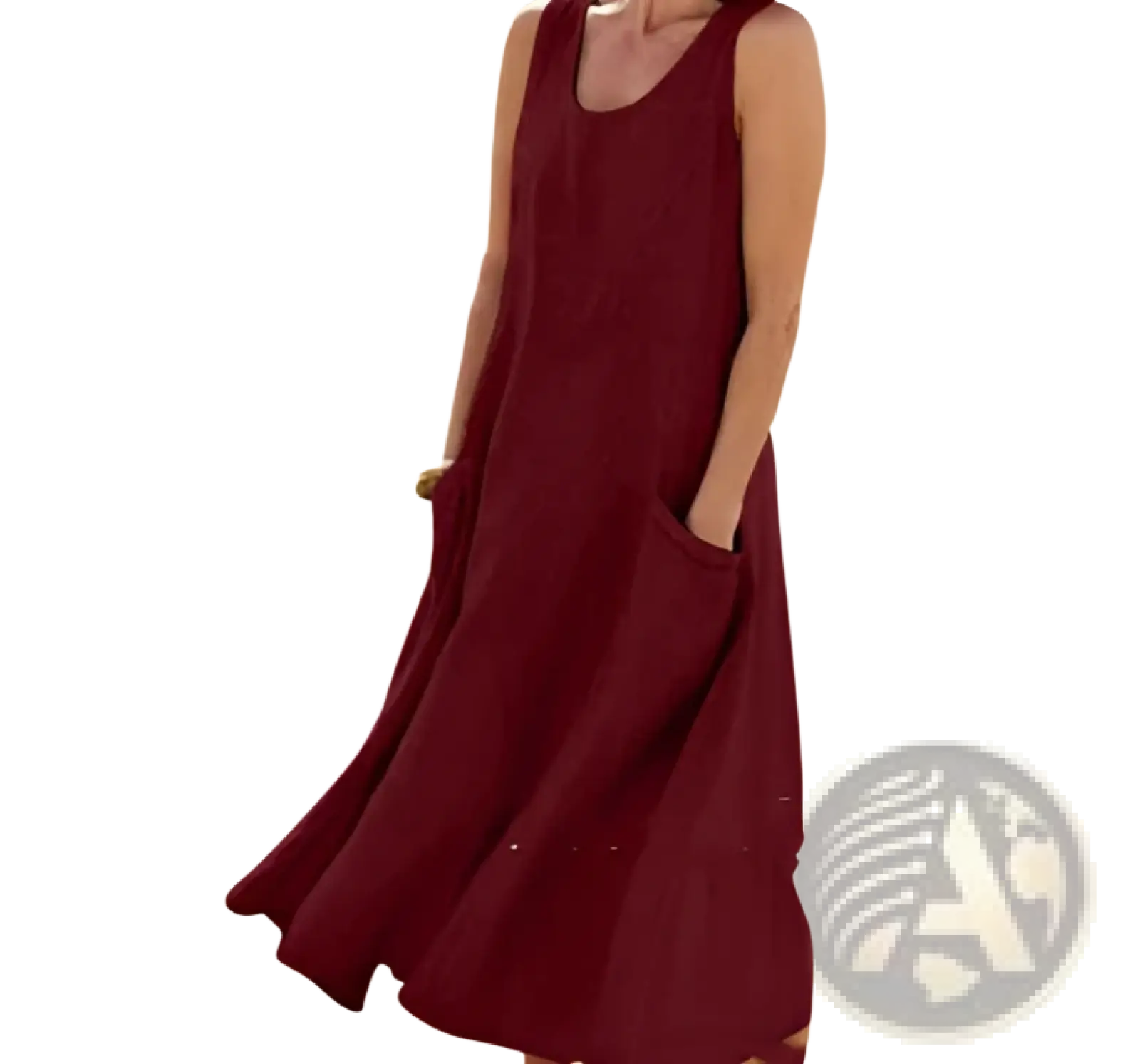 A flowing sleeveless maroon linen a-line maxi dress with a relaxed fit and side pockets