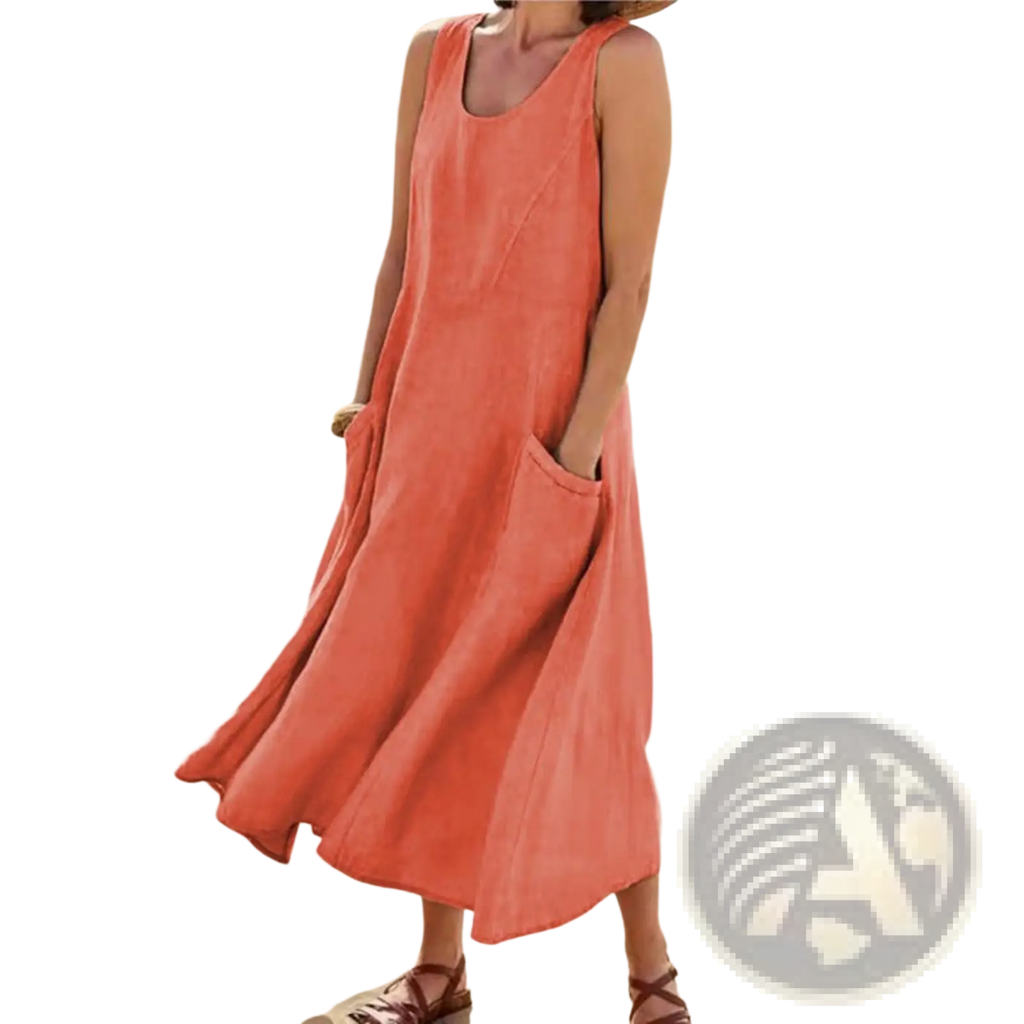 Coral sleeveless linen a-line midi dress with relaxed fit and front pockets for comfortable wear