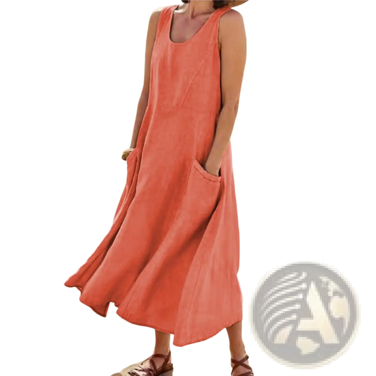 Coral sleeveless linen a-line midi dress with relaxed fit and front pockets for comfortable wear