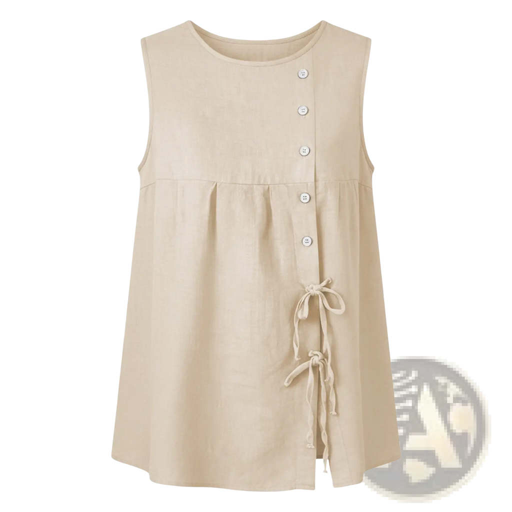 Beige sleeveless tie side button down blouse featuring button closure and elegant side tie detail for casual wear