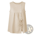Beige sleeveless tie side button down blouse featuring button closure and elegant side tie detail for casual wear