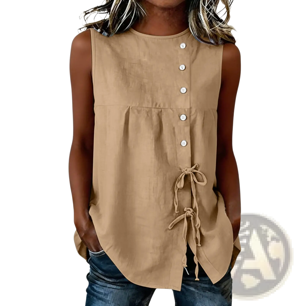 Beige sleeveless tie side button down blouse featuring front buttons and side tie details in lightweight fabric